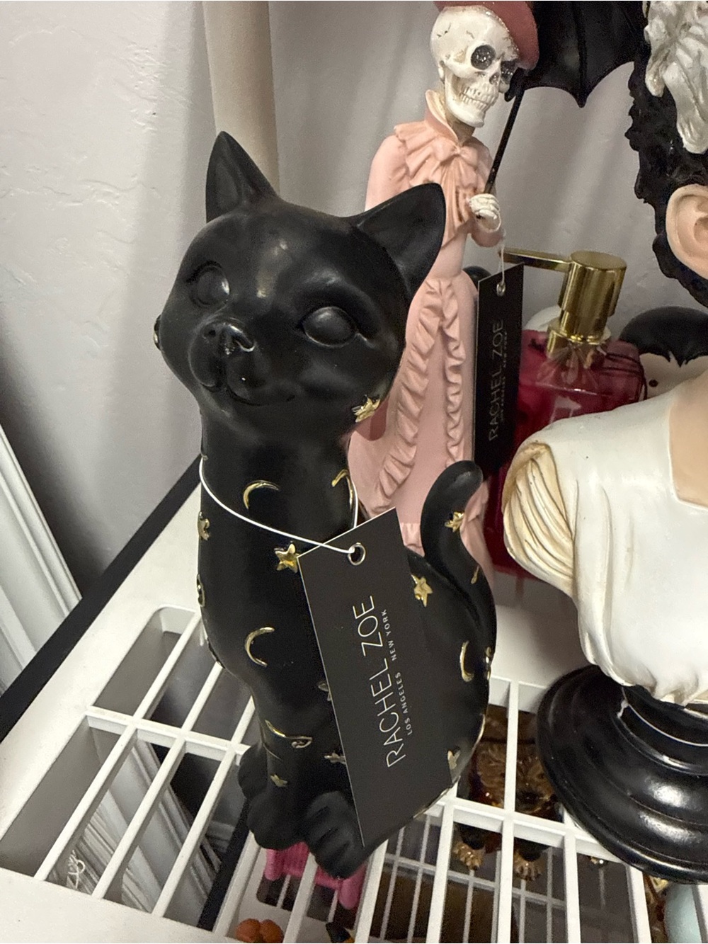 Rachel Zoe Matte Black Cat Sculpture with Gold Stars & Moons